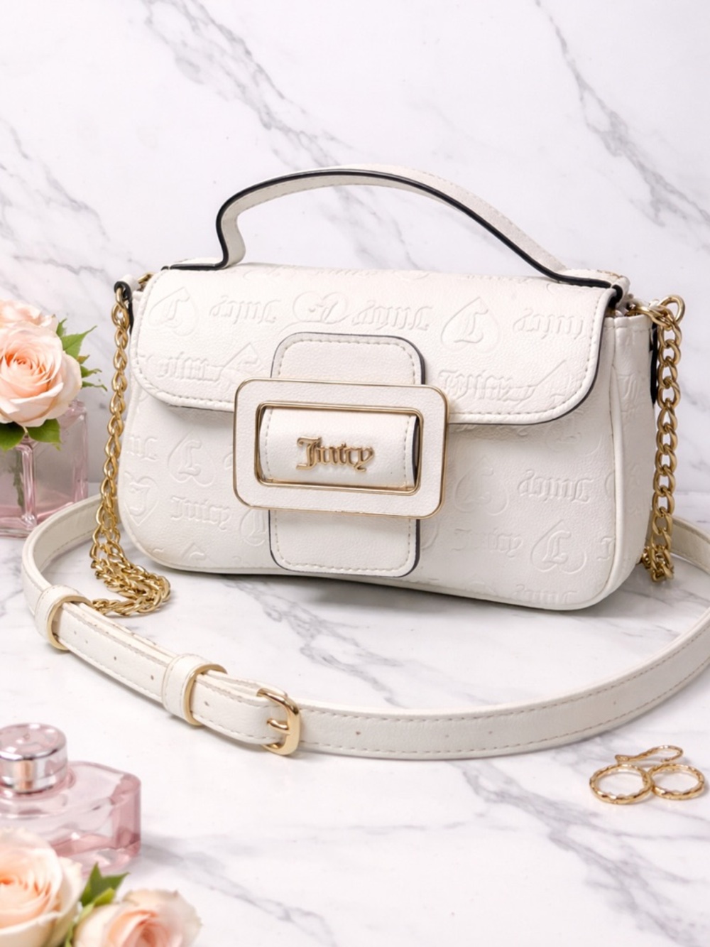 Juicy Couture White Embossed Logo Crossbody Bag Gold Hardware